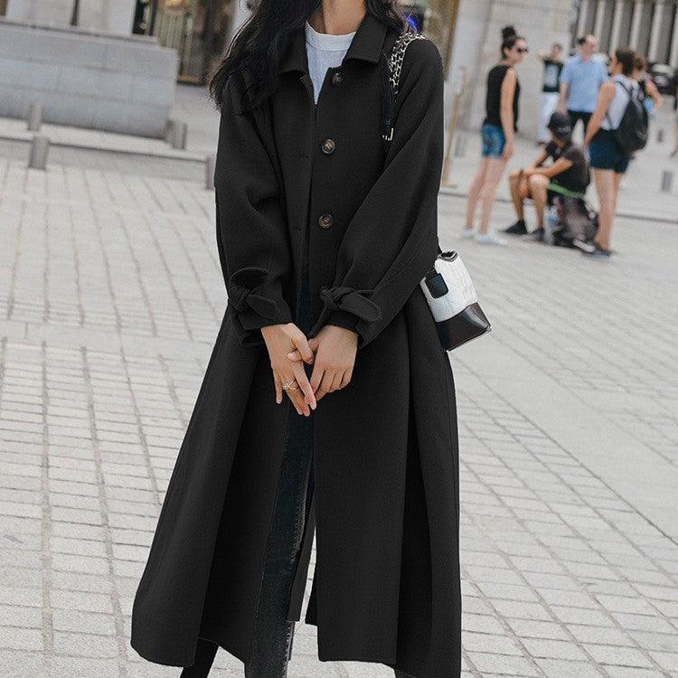 Women's long wool-blend coat, black, button-front with turn-down collar