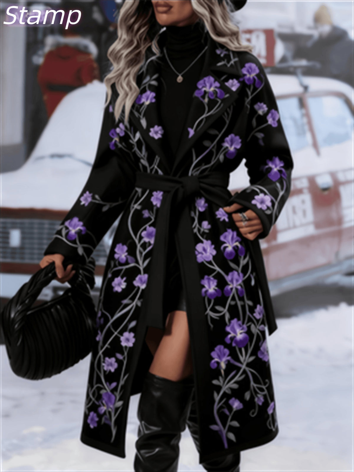 Long coat in black with purple vine flower embroidery and tie waist belt.