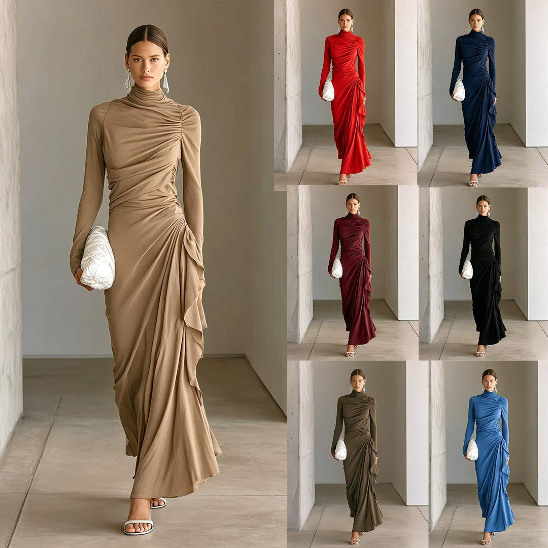 High-neck pleated slim-fit long-sleeve dress in beige with draped ruffle detail