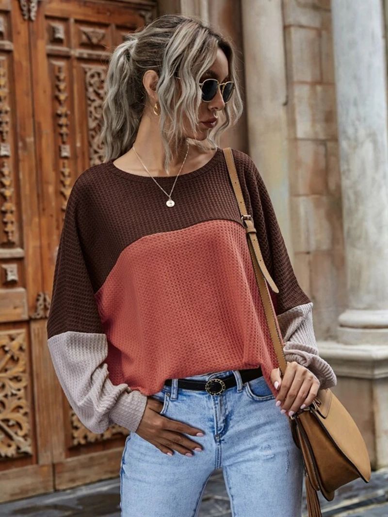 Waffle Round Neck Long-sleeved Blouse Women - WOMONA.COM