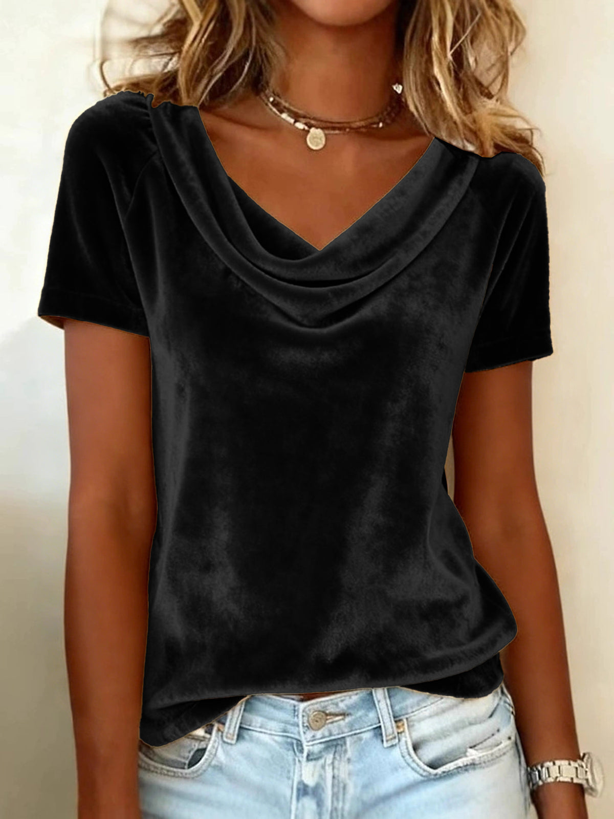 Velvet scoop-neck short-sleeve T-shirt in black, draped cowl neckline