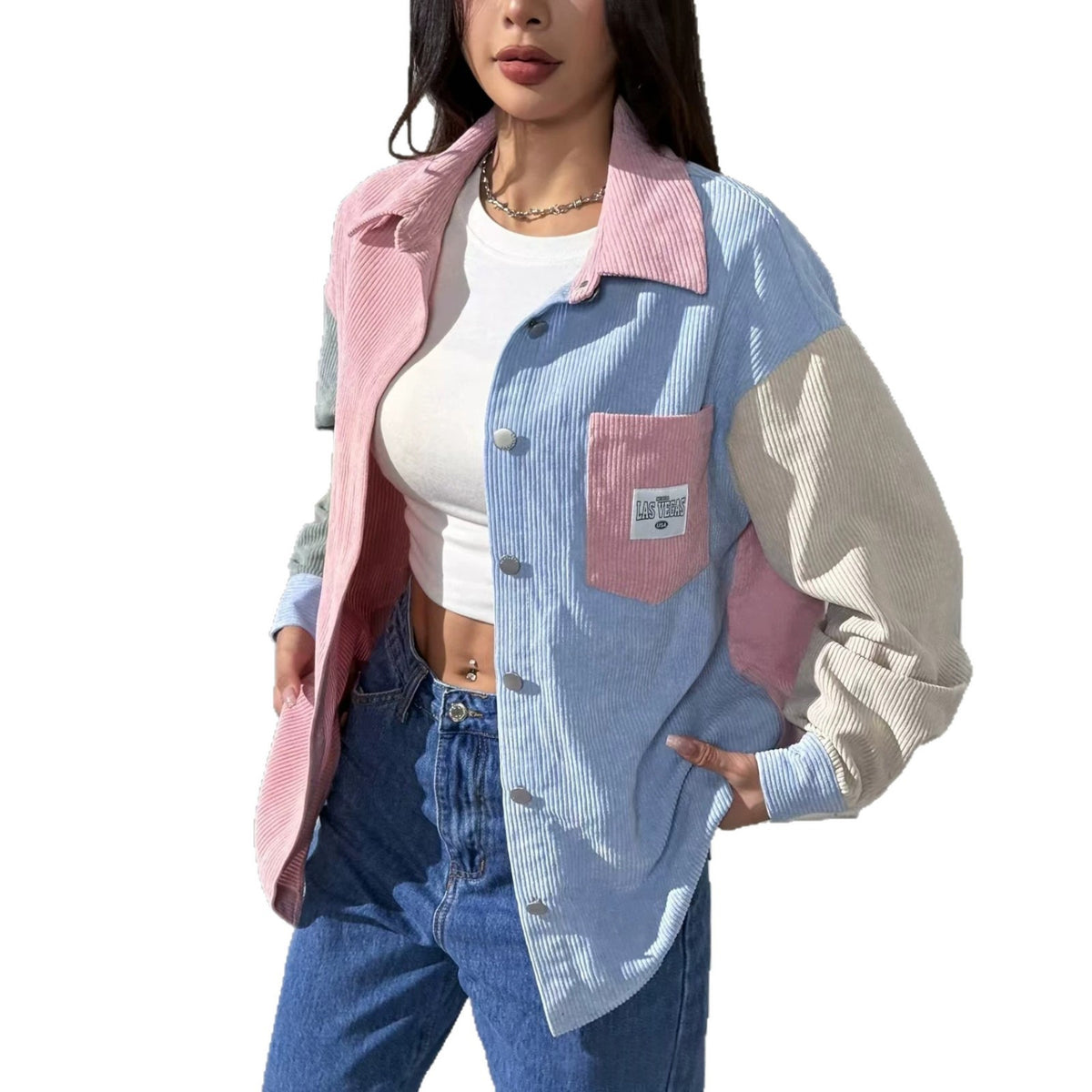 Women's Pastel Color-Block Collared Shirt Jacket, Pastel Color Block - product view 4