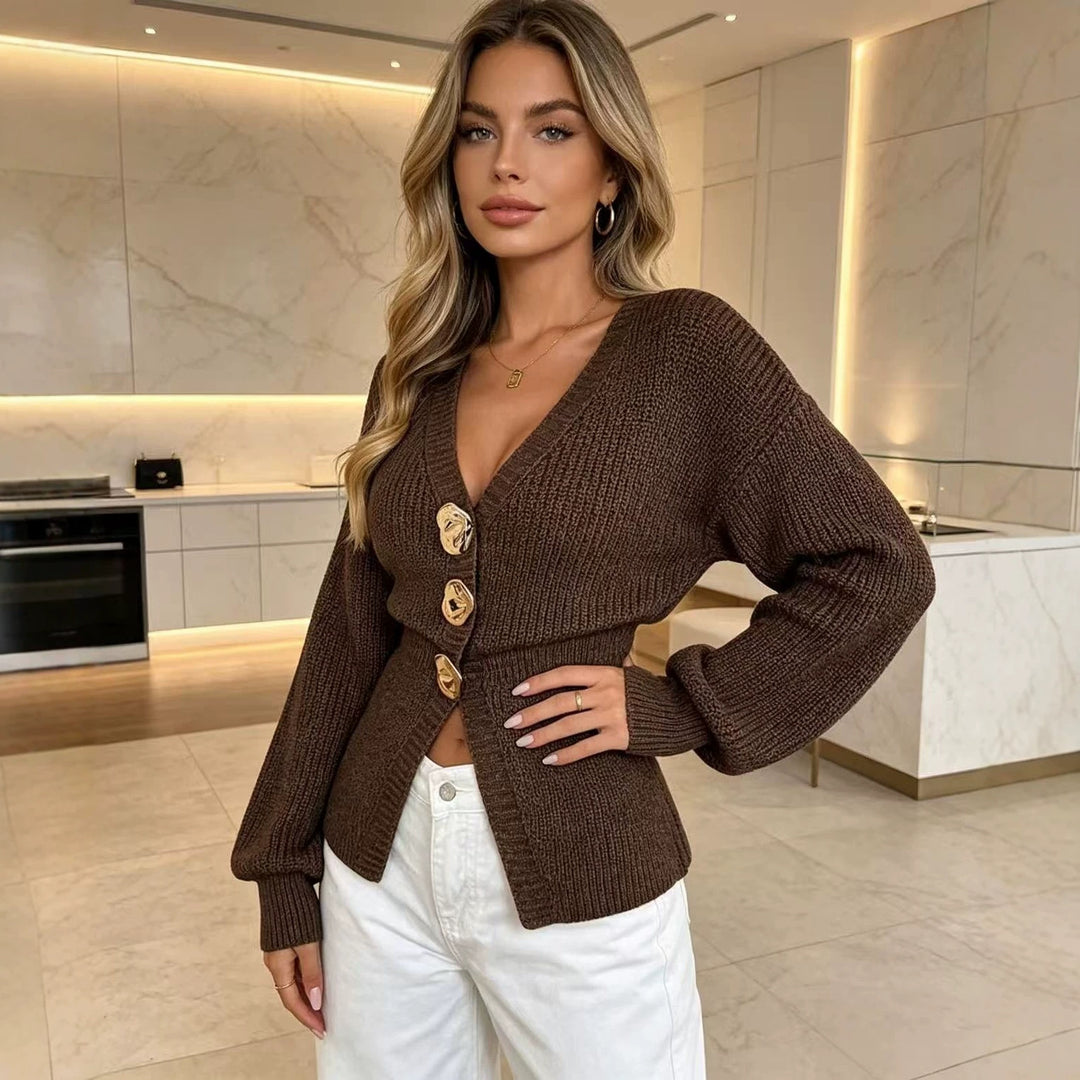 Brown knit V-neck button-front sweater with long sleeves and ribbed cuffs