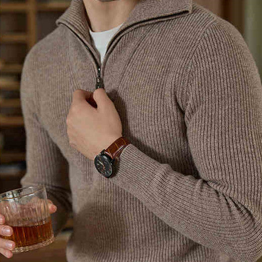 Men's Pure Wool Textured Quarter-Zip Sweater, Camel - product view 1