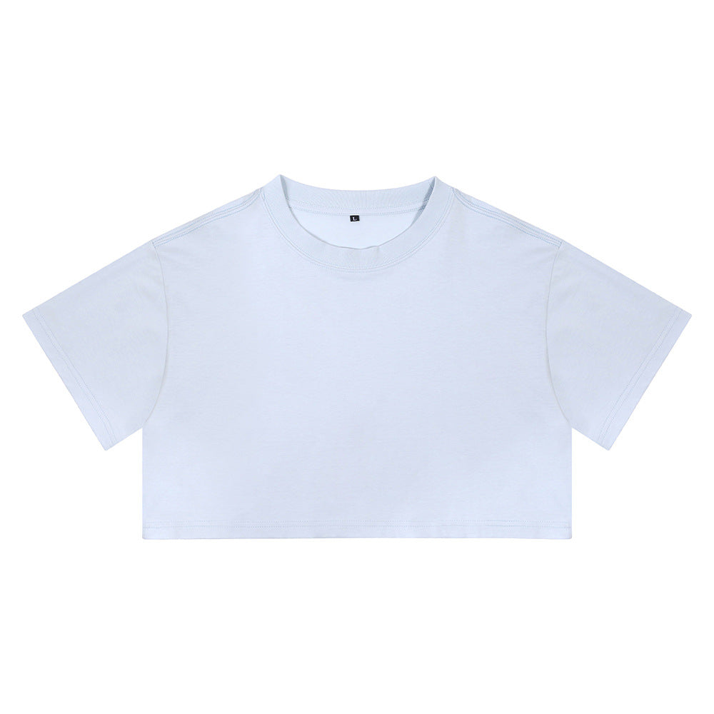 Light blue loose crop T-shirt with short sleeves and round crew neck