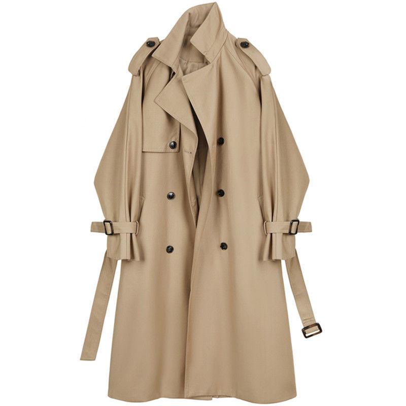 Khaki mid-length trench-style coat with adjustable waist belt and shoulder epaulets