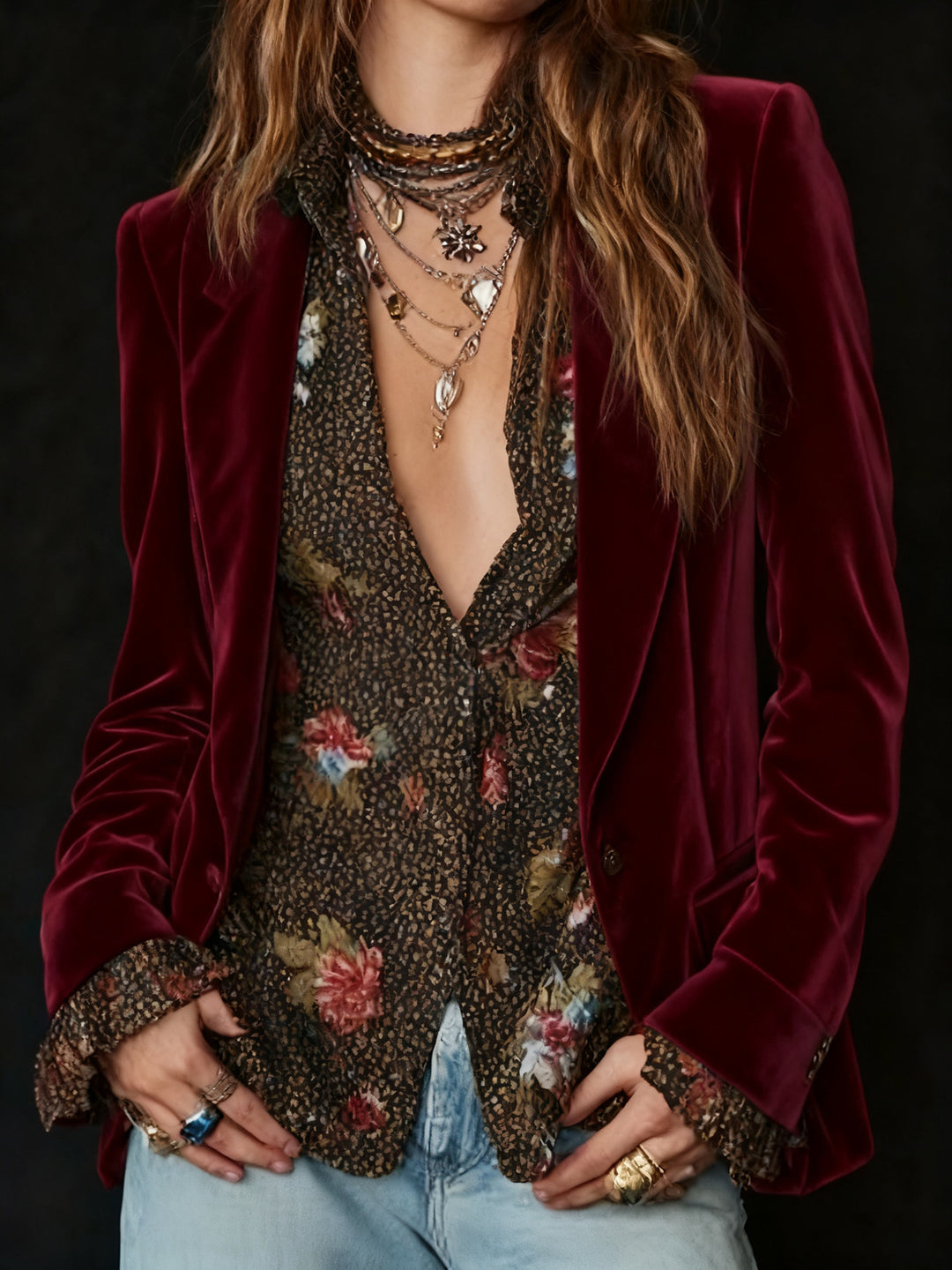 Women's printed suit jacket in deep wine red velvet, tailored blazer style