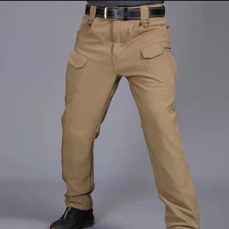 Khaki tan tactical cargo pants with belt loops and flap utility pockets