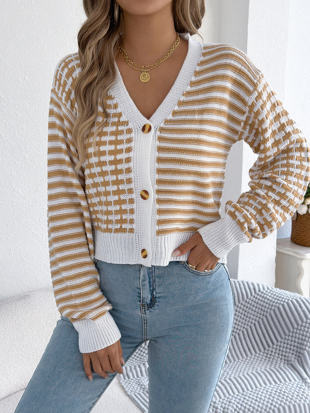 Women's Color-Block Stripe Lantern-Sleeve Short Cardigan