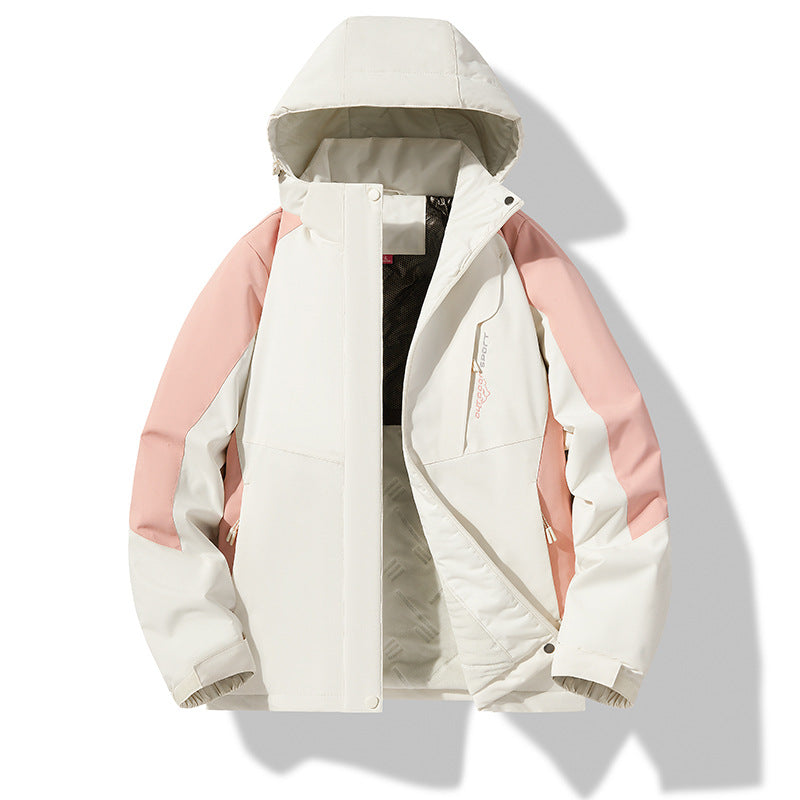 Padded cotton jacket, white with pink sleeves and hooded windproof design