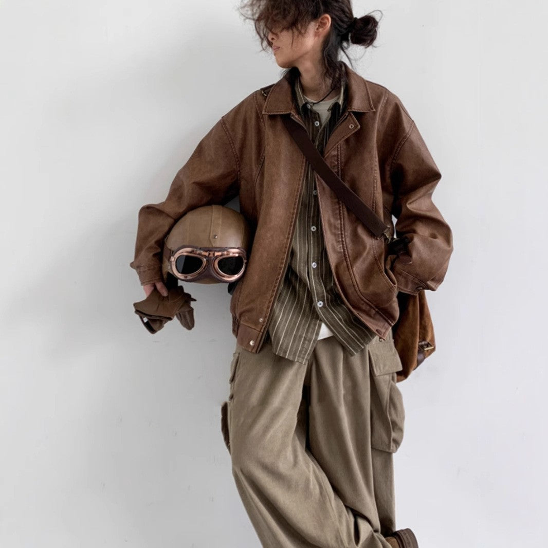 Women's Relaxed Faux-Leather Zip Bomber Jacket, Brown - product view 1