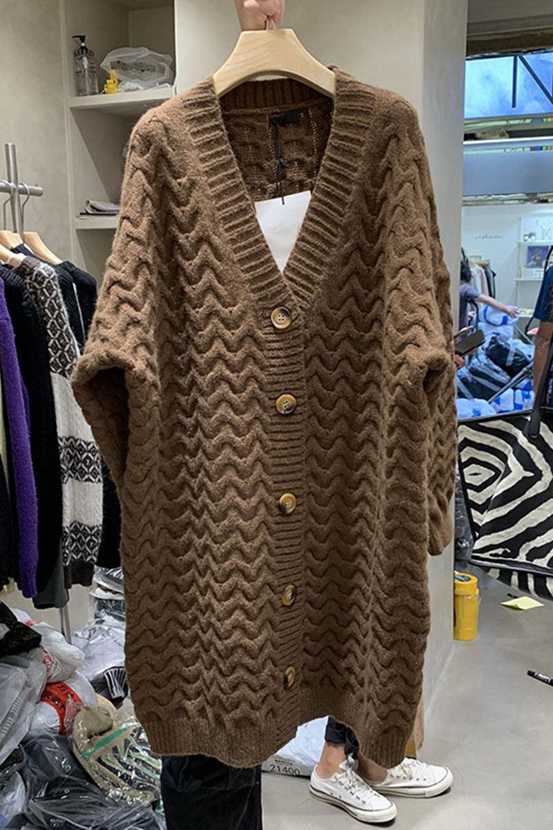 Thick long knitted cardigan in brown with deep V-neck and button placket