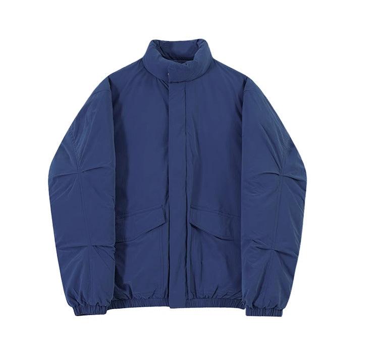 Navy padded stand-collar cotton coat with button front and flap pockets