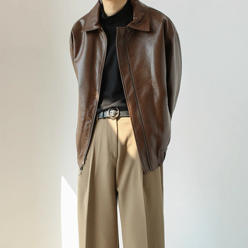 Men's Retro Short Personalized Leather Coat - WOMONA.COM