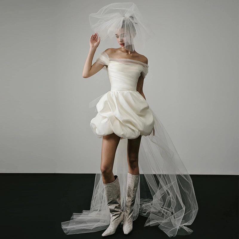 Off-shoulder Light Wedding Dress White Short - WOMONA.COM