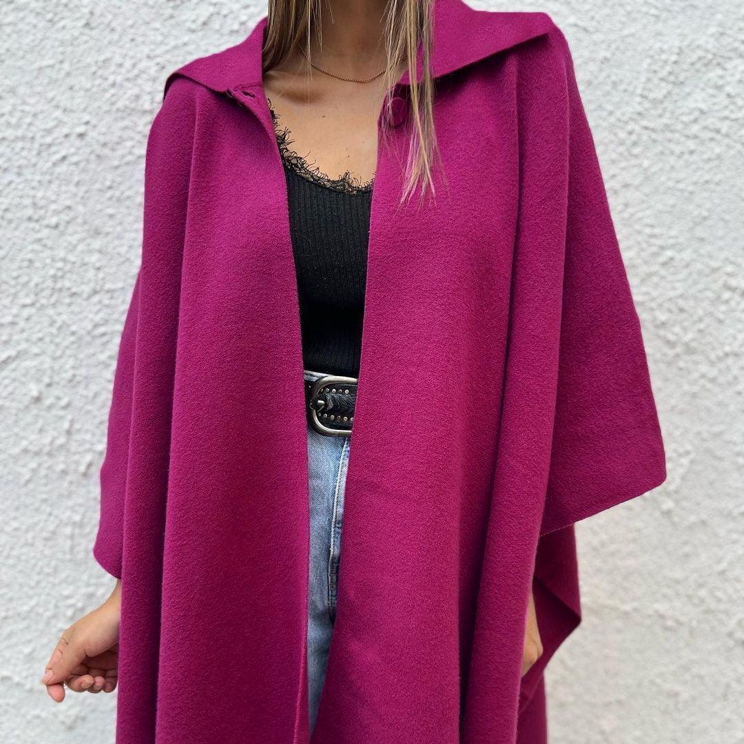 Loose one-button trench coat, rose red, collared with loose draped sleeves