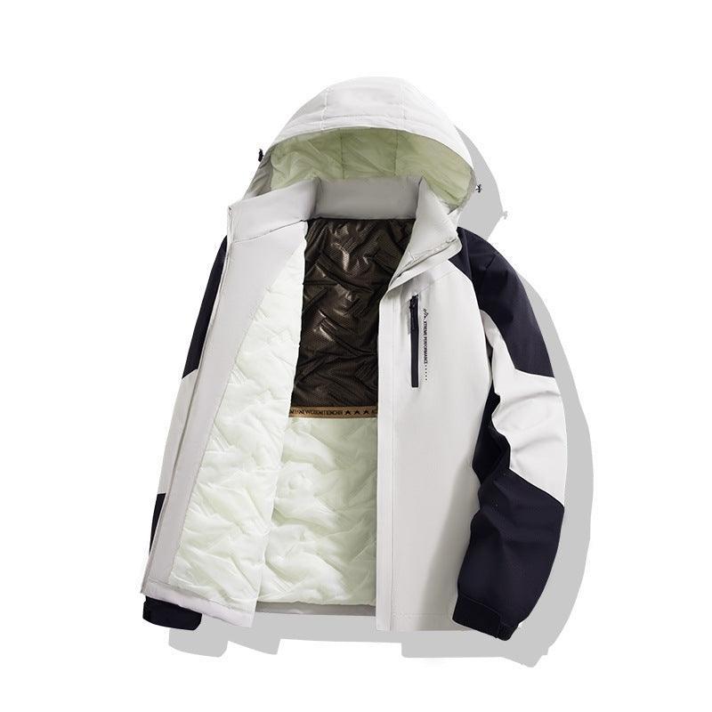 Hooded padded coat in white with zip front and insulated lining visible