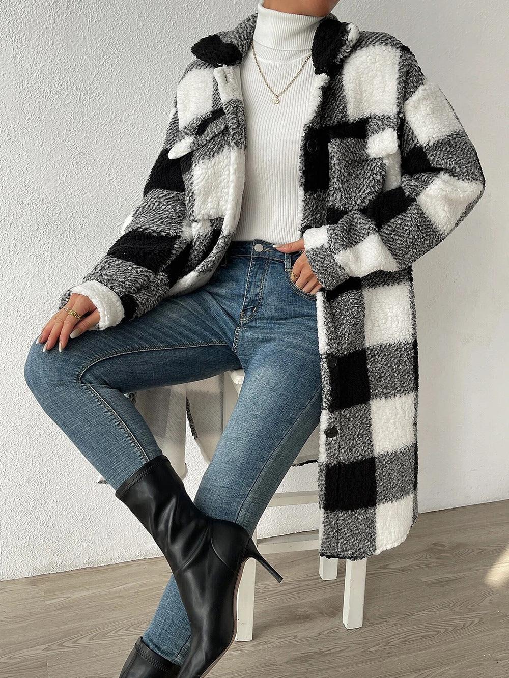 Black and white plaid plush coat with lapel, button front, and long loose sleeves