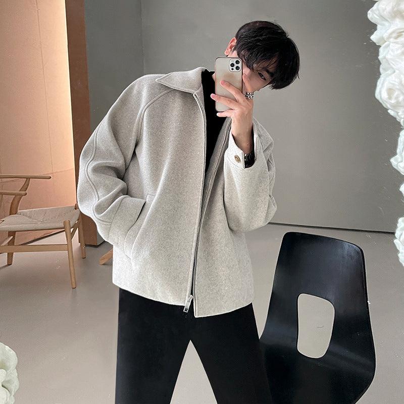 Gray short wool jacket with stand collar, full-length zipper, long sleeves