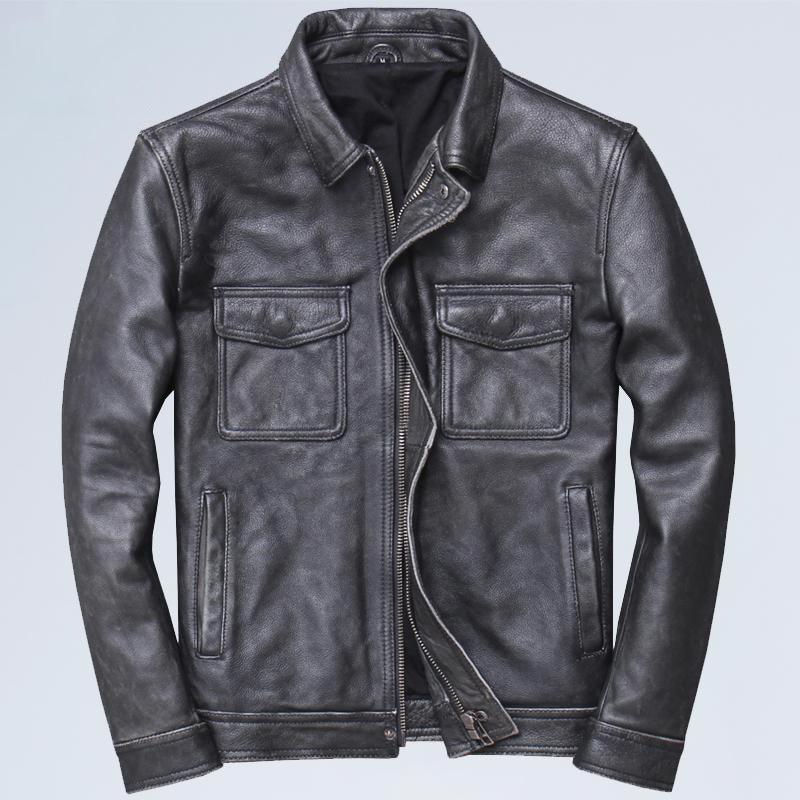 Men's retro leather jacket in dark gray/black with front zipper and flap chest pockets