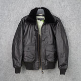 Detachable Fur Collar Flight Suit Cowhide Leather Jacket - WOMONA.COM