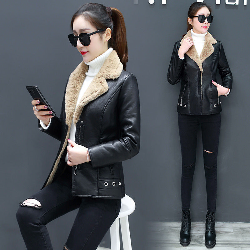 Short Fur Plus Velvet Warm Leather Jacket - WOMONA.COM