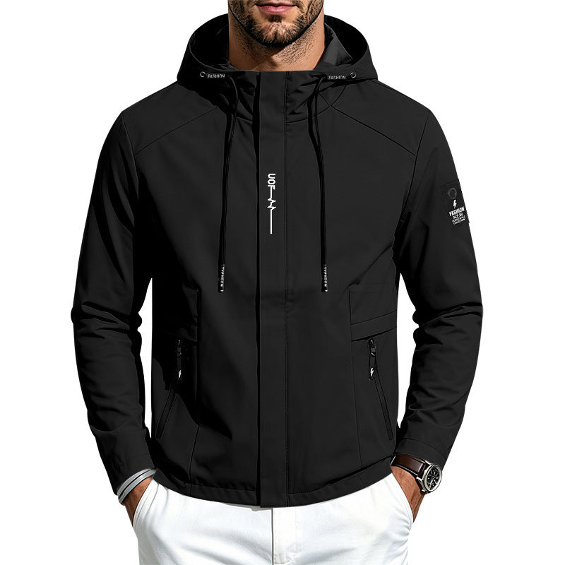 Men's lightweight hooded jacket, black with front zip and adjustable drawstring hood