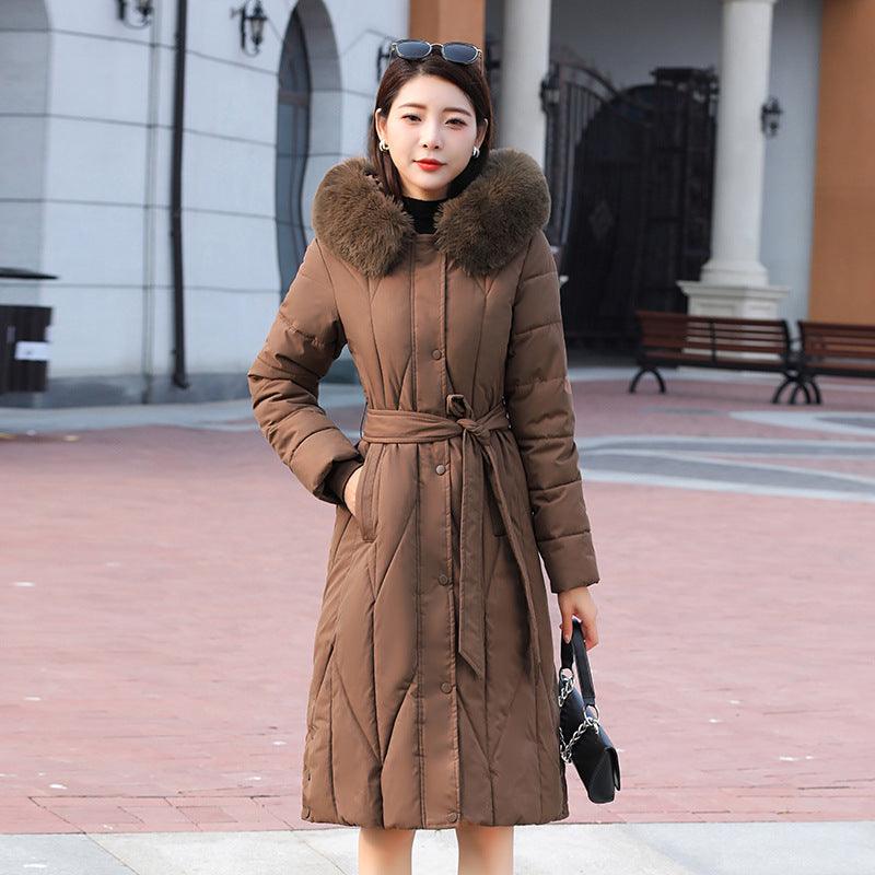 Women’s cotton-padded coat in brown with faux fur hood trim and waist tie belt