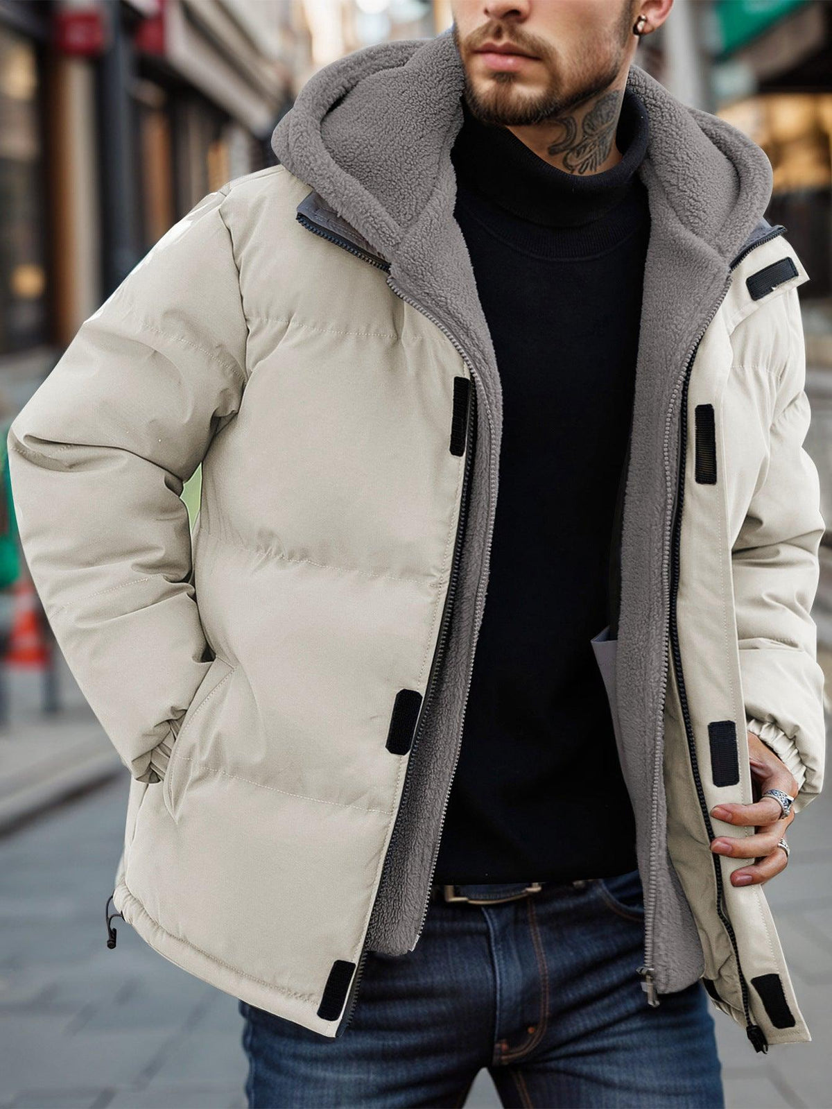 Thick down puffer jacket in beige with gray sherpa hood, full zip, zip pockets