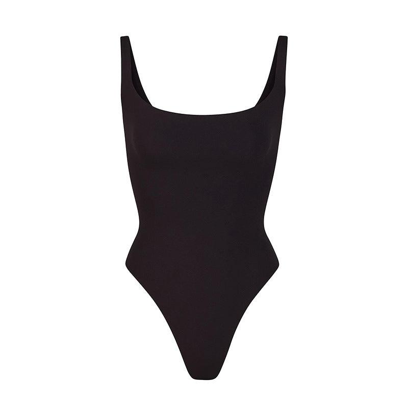 Black double-layer high-elastic bodysuit, studio front view on white background