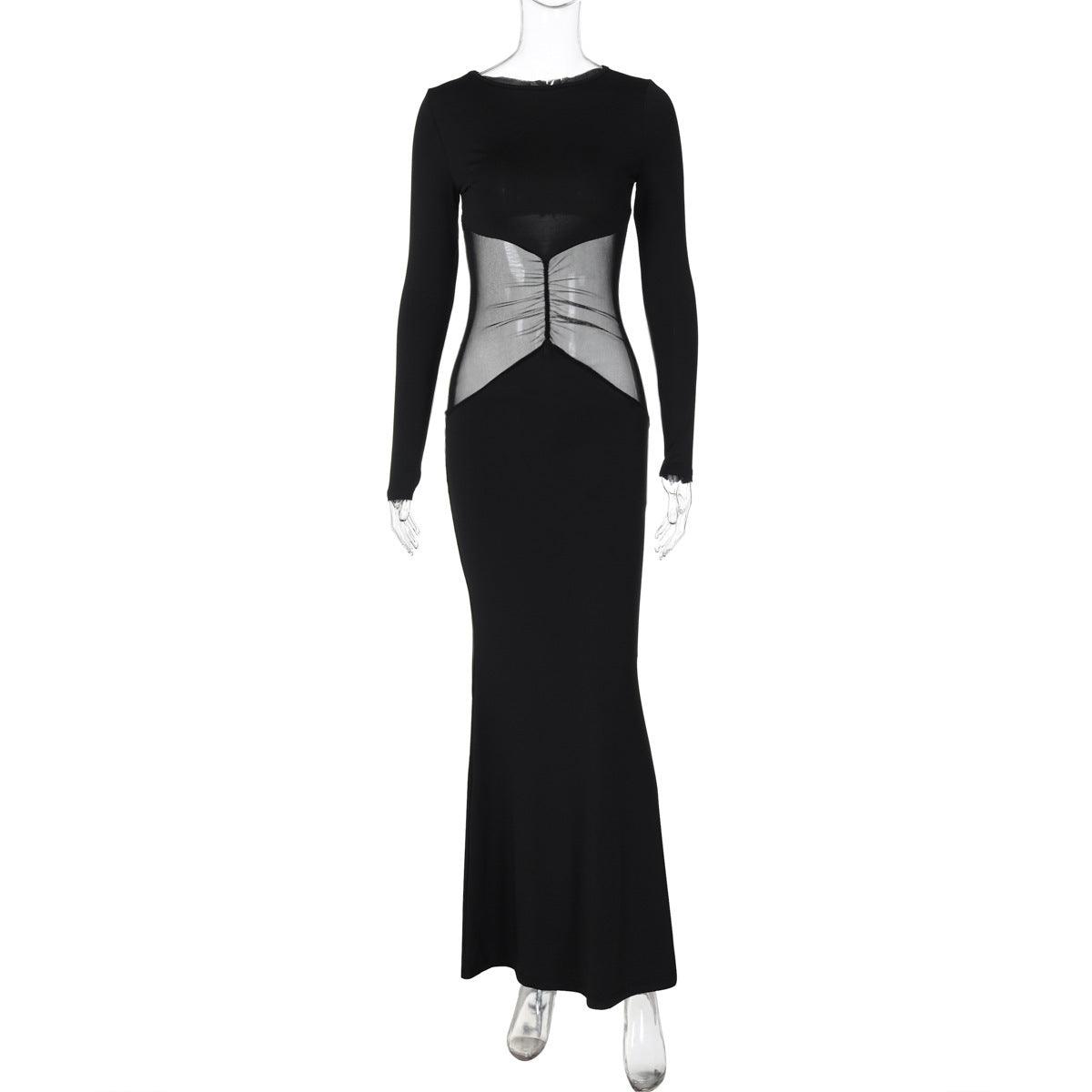 Long Sleeve Mesh Slim Fit Patchwork Sheath Dress - WOMONA.COM