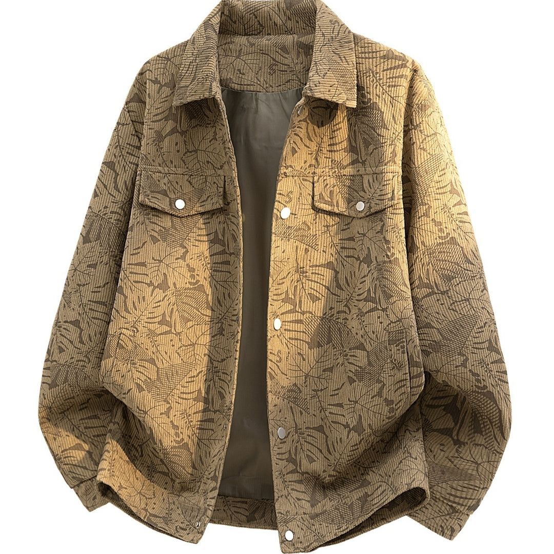 Men’s stand-collar jacket in light brown with leaf print, front pockets, button placket