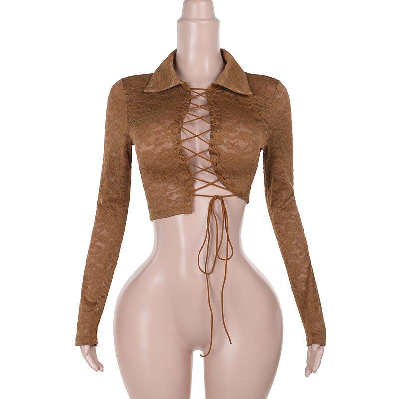 Women's Lace Lace-up Cutout Long-sleeved Top - WOMONA.COM