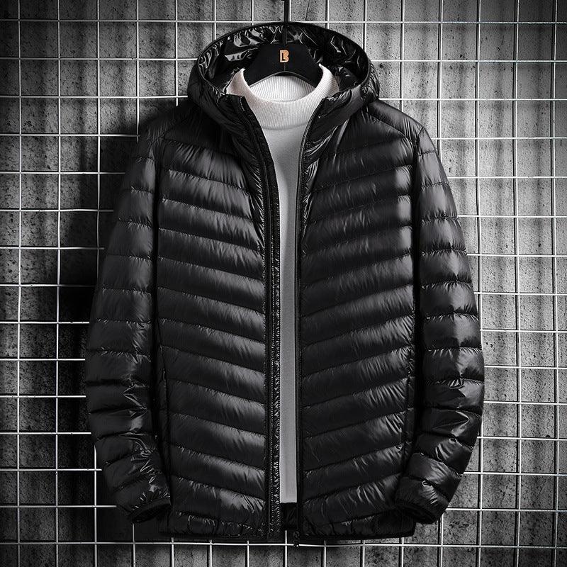 Men's hooded puffer jacket, black, full zip with adjustable hood