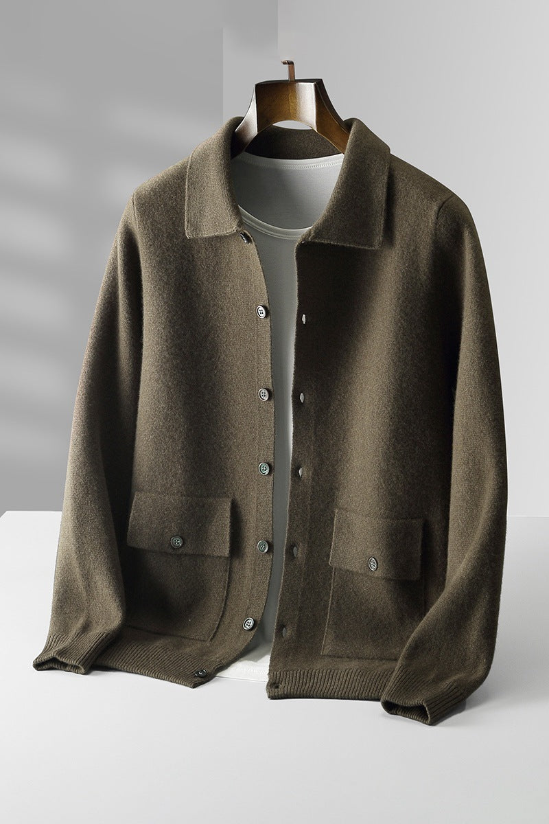 Men's Polo Collar Solid Color Wool Cardigan - WOMONA.COM