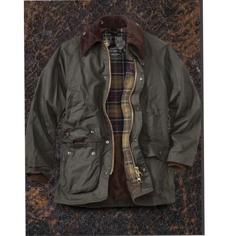 Olive jacket with brown collar, open front showing plaid lining and zip with snap pockets
