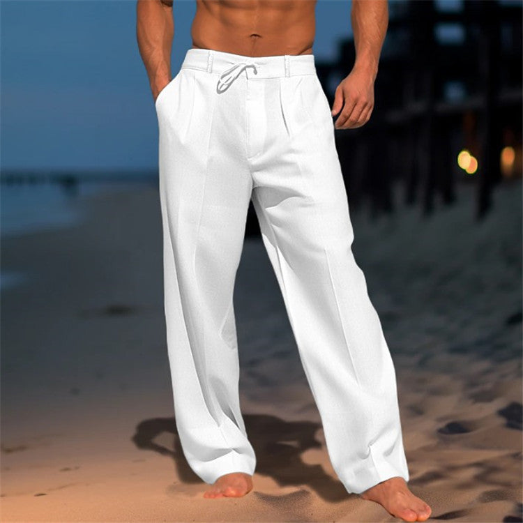 Men's white casual drawstring pants, relaxed fit with elastic waist