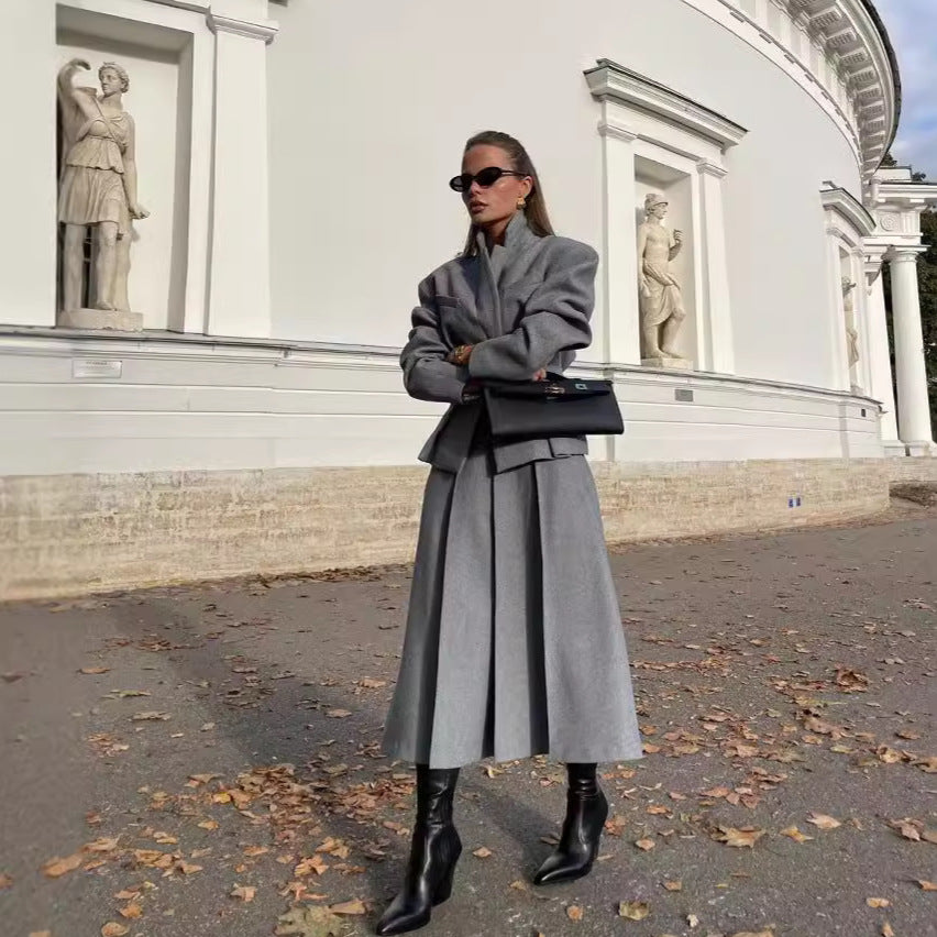 Women's gray long A-line skirt and top set