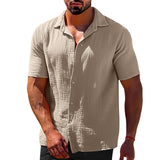 Solid Color Short Sleeve Button Men's Linen Shirts - WOMONA.COM