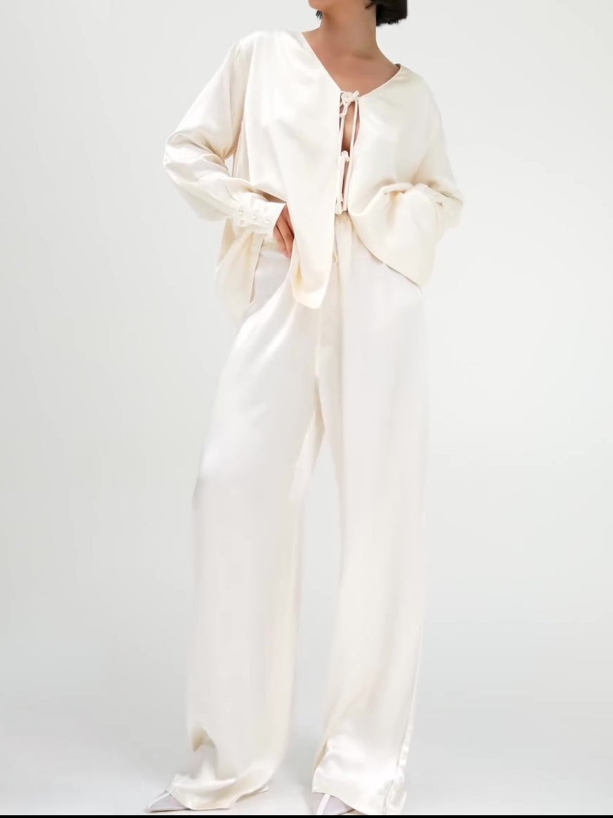 Women's Cream Satin Tie-Front Top & Wide-Leg Pants Set