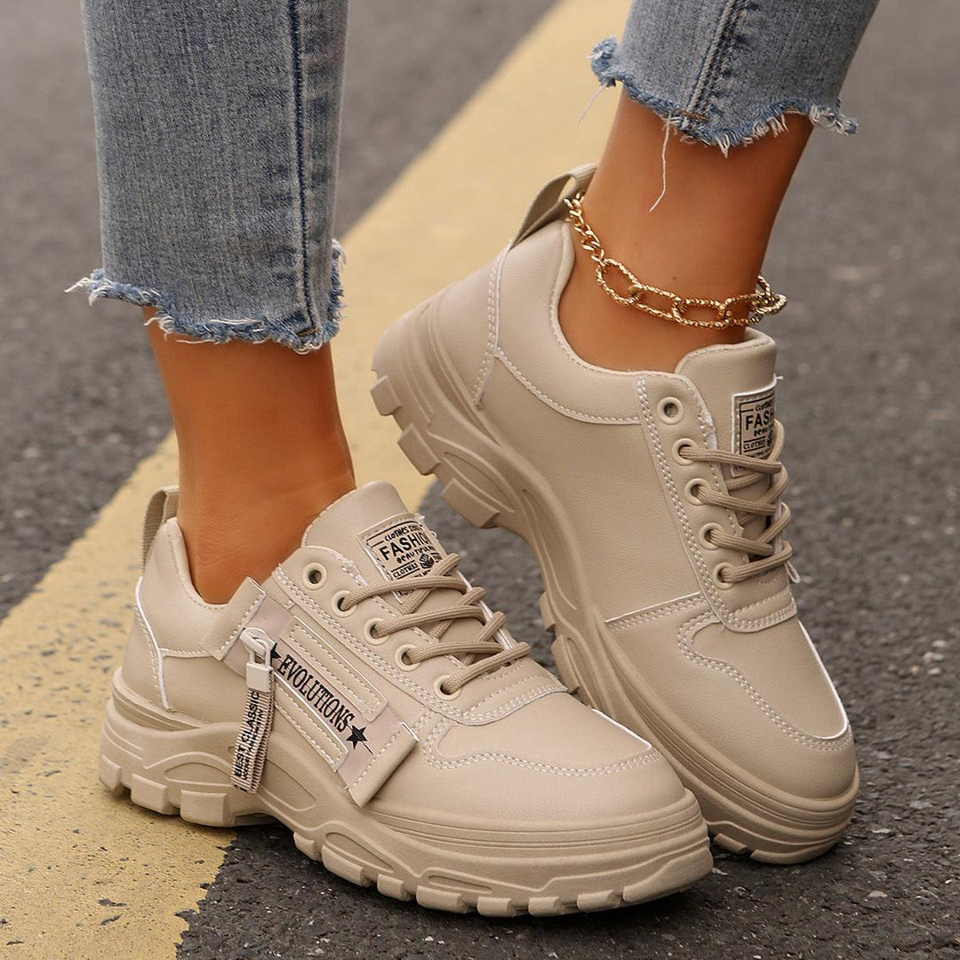 Women’s lace-up sneakers, thick sole, round toe, side zipper, cream