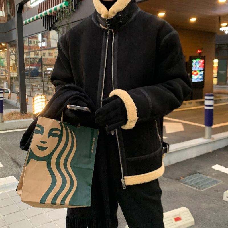 Men's black suede lamb-wool coat with tan shearling collar and cuffs, zip front