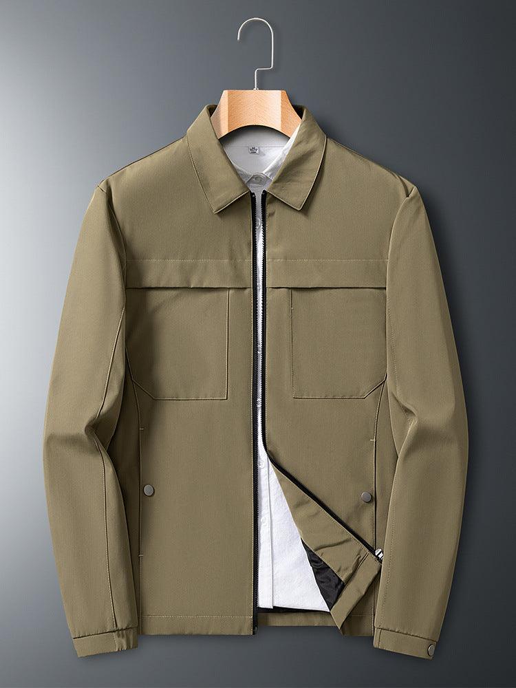 Men's khaki jacket front view with zipper, chest pockets, and side seam button tabs