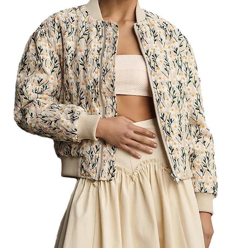 Chaqueta suelta y versátil con cremallera y estampado de margaritas