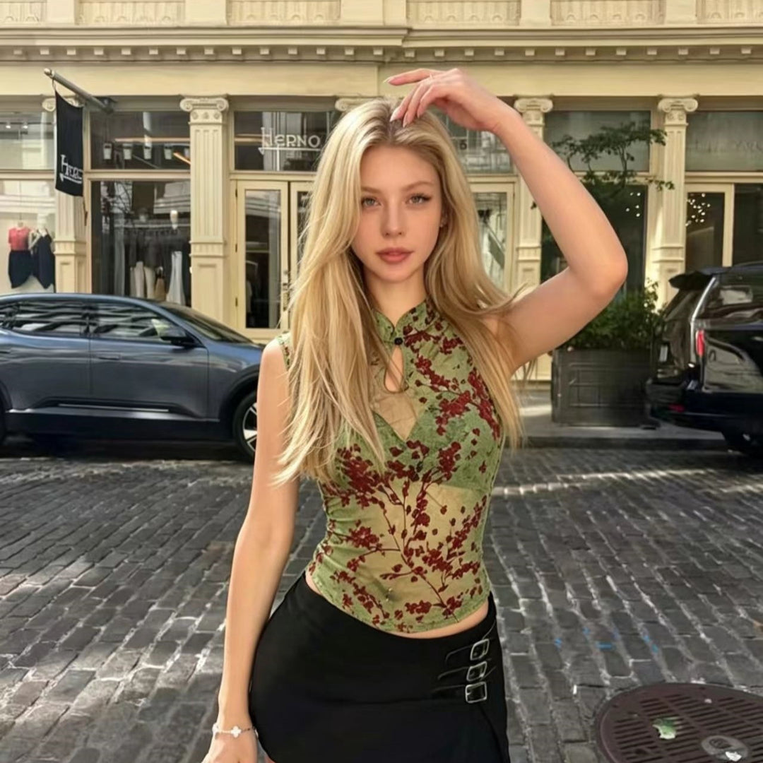 Women's Sheer Floral Cheongsam Collar Top