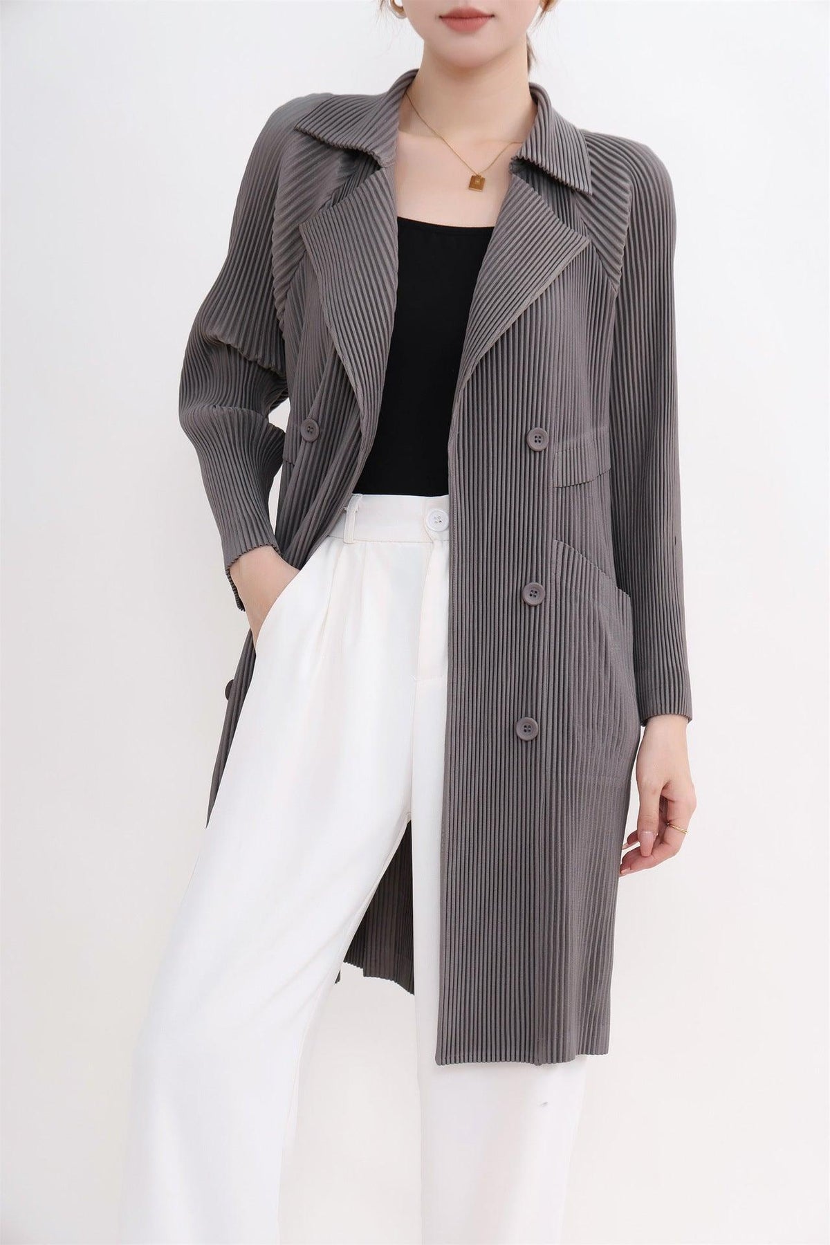 Women’s mid-length striped suit coat in gray, double-breasted buttons, notched lapel, long sleeves.