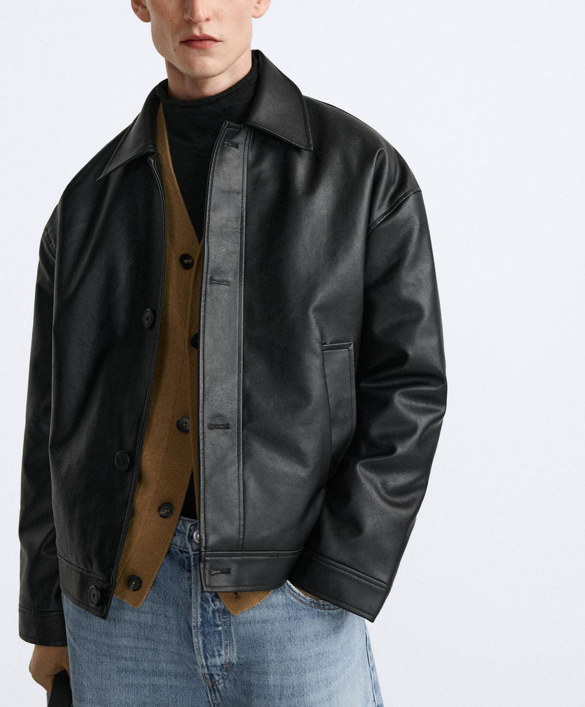 Men's faux leather square jacket, black with flap pockets and snap placket, stand collar