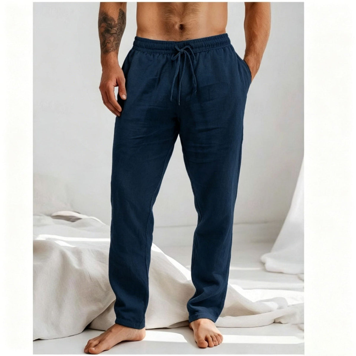 Men's loose straight-leg trousers in navy blue with elastic drawstring waist