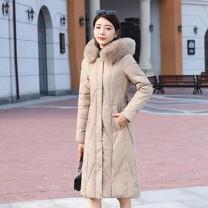 Women’s cotton-padded coat in khaki/beige with faux fur hood trim and button front