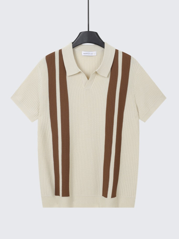 Beige knit polo shirt with brown vertical stripe placket and point collar
